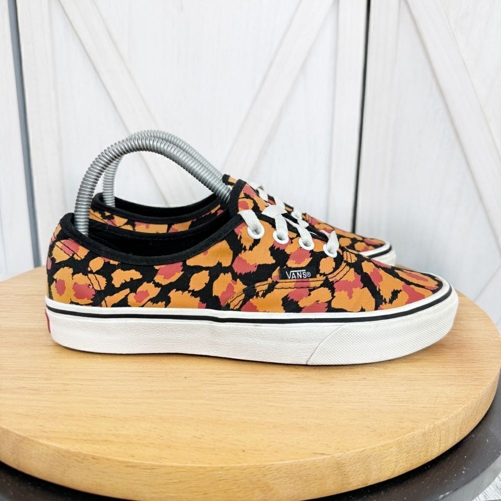 Vans Authentic Leopard Print Lace Up Sneakers Shoes Black Orange 7.5 Women 6 Men